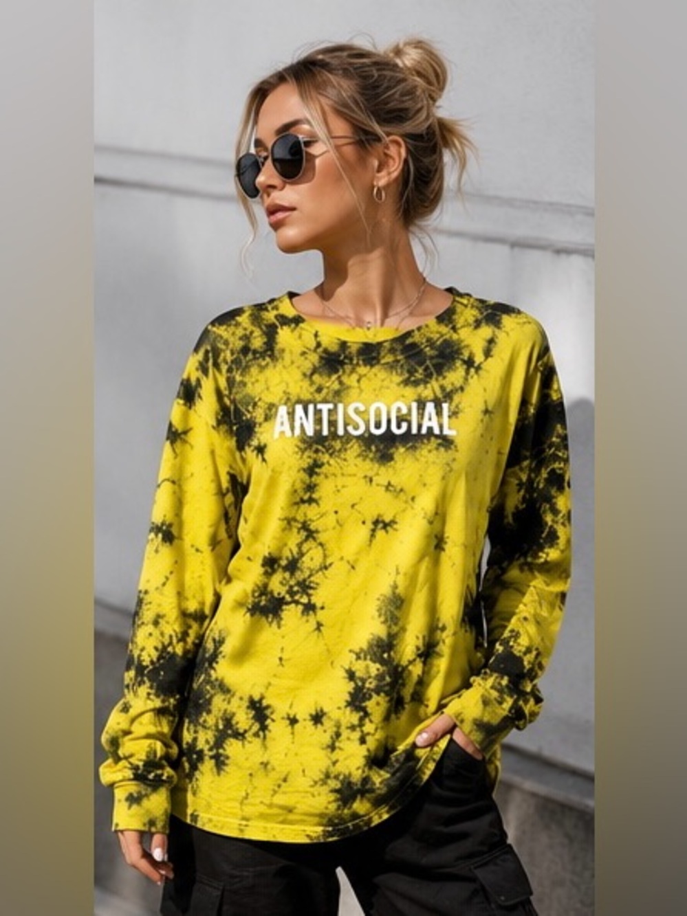 Antisocial Tie Dye Long Sleeve Top YellowBlack Graphic Tee Streetwear Y2K Grunge